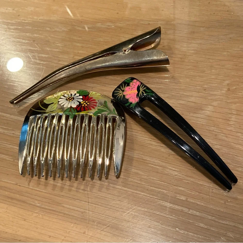 Vintage 3 Hair Adornments: Comb, Large Clip, 2 prong hair stick pin: 70’s, 80’s